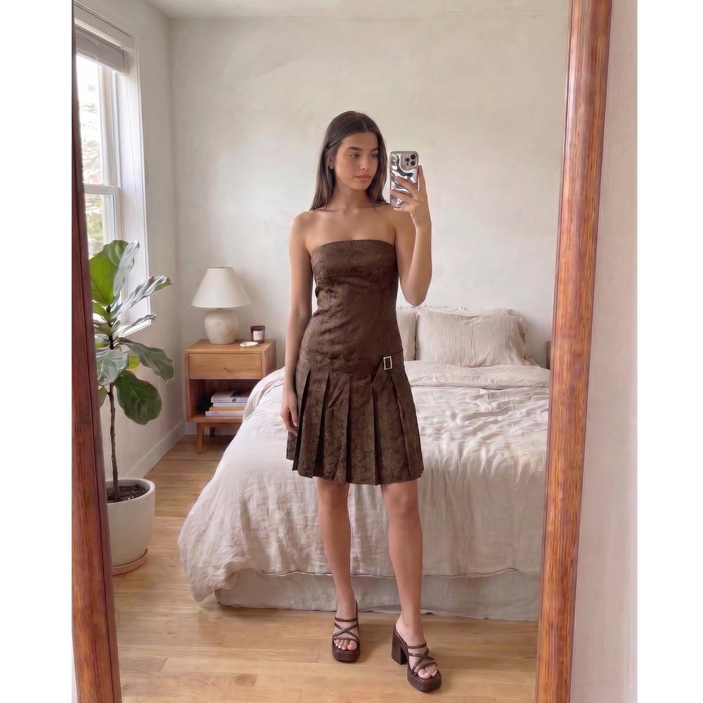 Y2K Strapless Pleated Mini Dress Size 8 Brown Floral Brocade Regency Academia